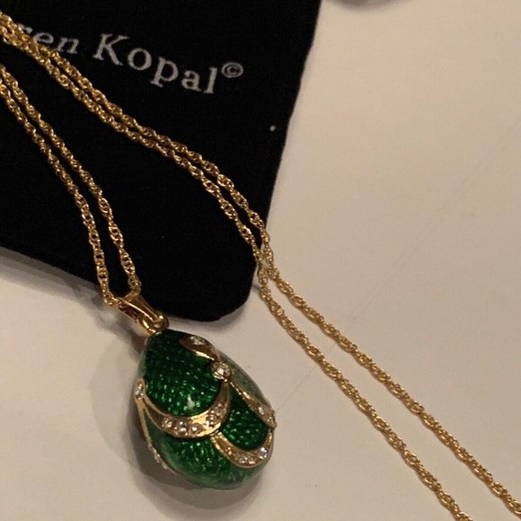 Keren Kopal Costume Necklace Gold Tone Enamel Green Egg Crystals New In Pouch - Picture 5 of 8
